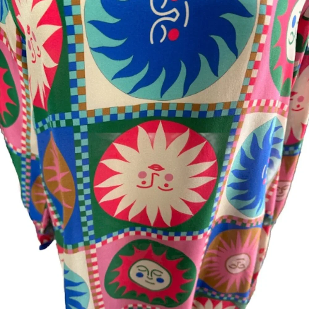 Johnny Was Workshop Silk V-Neck Swing Dress Sun Pattern Colorful Lionora Size S - Picture 9 of 9